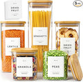 Glass Pantry Storage Jars Containers with Bamboo Lids and Labels - Set of 5 | Extra Thick Square Glass Canisters with Bamboo Wood Lids and 54 Pre-printed Pantry Labels keeps dry Goods Fresh and Organized