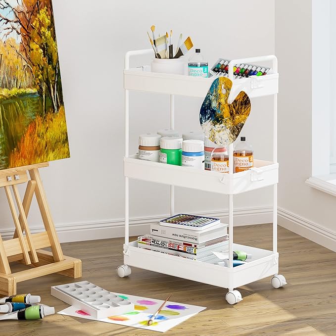 Ronlap 3 Tier Slim Rolling Storage Cart with Wheels Utility Organizer,White | For bathroom, laundry, kitchen, bedside & dorm. Fits art, craft, snack, makeup, nail, diaper & postpartum baby supplies