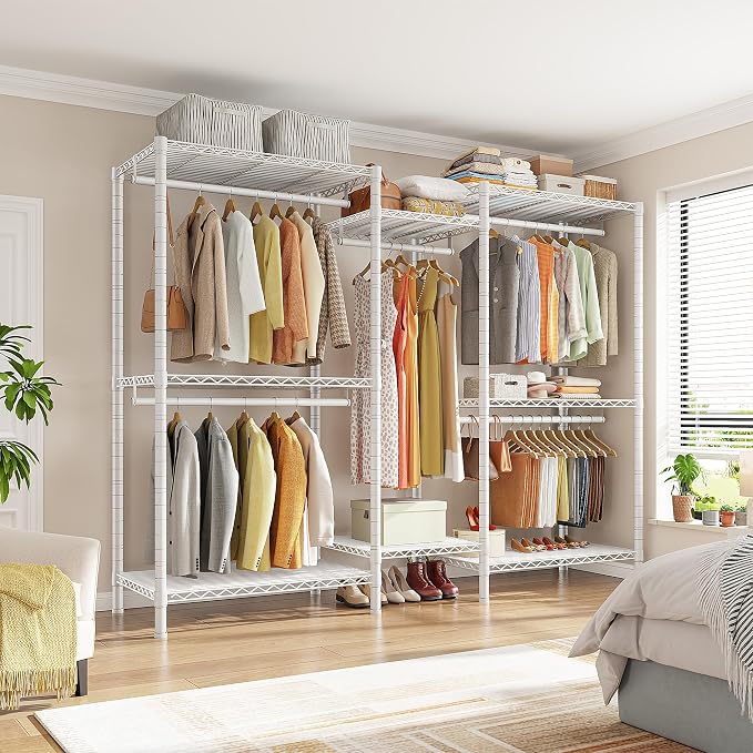 Raybee Clothes Rack, Clothing Racks for Hanging Clothes, L Shaped Clothing Rack for Corner 900LBS Heavy Duty Clothes Rack Garment Rack 74.5" W X 18" D X 77" H, White
