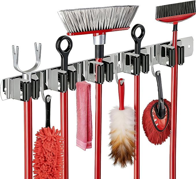 Self Adhesive SUS304 Broom Holder Wall Mount | 5 Racks and 4 Hooks Mop Organizer Heavy Duty Solid Non-slip Storage Tool for Home Kitchen Garden Laundry Garage