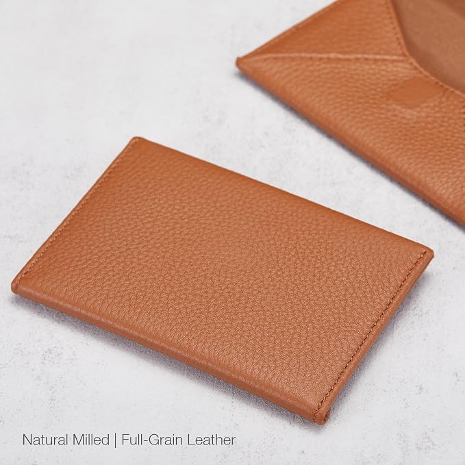 HISCOW Italian Pebbled Leather Business Card Holder, Minimalist Full Grain Envelope Card Case with Hidden Magnetic Closure, 0.19 Inch Slim Front Pocket Wallet for Men and Women, Cognac Brown