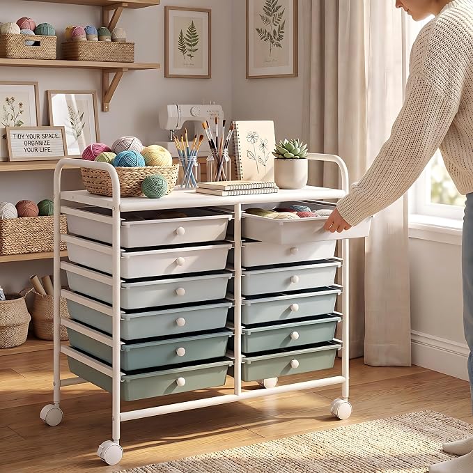 GOFLAME 12-Drawer Rolling Storage Cart, Art Craft Organizer Cart, Mobile Utility Storage Cart with Removable Drawers & Lockable Wheels, Craft Cart for Home Office School, Green Gradient