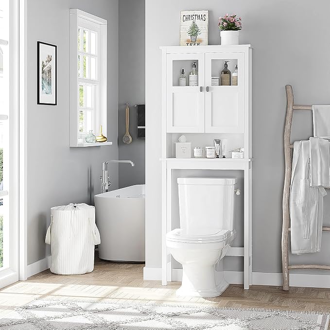 Spirich Bathroom Over the Toilet Storage Cabinet with Glass Doors, White | Toilet Organizer with Adjustable Shelf, Anti-tipping Device, Wood, Elegant Modern Design, Space Saver for Tight Spaces