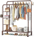 Double Rods Clothes Rack Clothing Rack with 4 Tier Storage Shelves Clothes Rack for Hanging Clothes Multifunctional Heavy Duty Clothes Organizer with Hooks for Bedroom,Wardrobe Closet,Shop,Brown