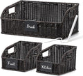 Pantry Organizers, Handwoven Large Wicker Baskets for Shelves, Labeled Storage Baskets for Organizing with Handles - Waterproof Plastic Storage Bins, Boho Decorative, 3Pack, Black