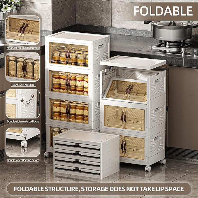 132 QT / 33 Gal Stackable Storage Bins with 1 Lid, Collapsible Plastic Organizer Cabinet with Wheels & Magnetic Doors for Closet, Home, Office – White Containers