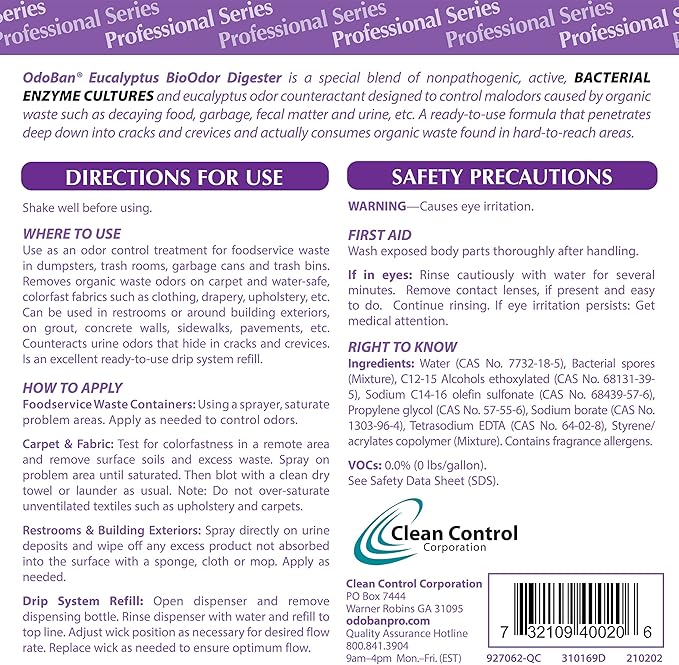 OdoBan Professional Cleaning Ready-to-Use BioOdor Digester Harsh Aroma Counteractant, Made in the USA, Eucalyptus Scent, 4-Pack, 32 Ounce Sprays Each