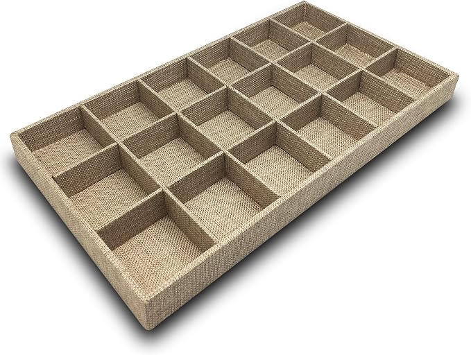 The Display Guys - Stackable Jewelry Tray and Organizer - for Drawers, Dressers, Store Display (18 Compartments, Beige Burlap)