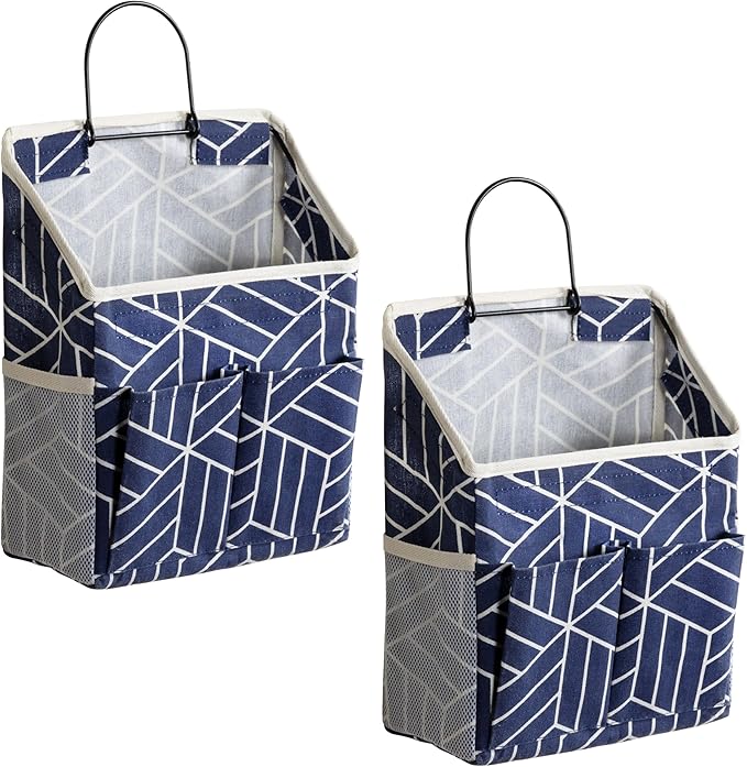 2pcs Wall Hanging Storage Bag, Small Door Closet Linen Fabric Pockets Organizer, Waterproof Multi Functional for Living Room Bedroom Bathroom Kitchen RV Camper with Hooks Pattern Navy