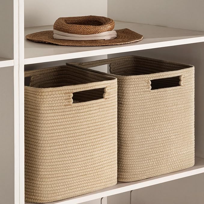 UBBCARE Set of 4 Storage Basket-12 X 12 X 12 in, Cotton Rope Basket for Shelves, Toys, Book, Cube Storage Bins with Handles, Woven Storage Basket for Organizing, Brown