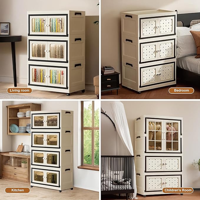 SunSettler Large Collapsible Plastic Storage Bins with Lid, Stackable Cabinets with Wheels, Folding Storage Cabinets, Stackable Closet Organizers for Home and Office