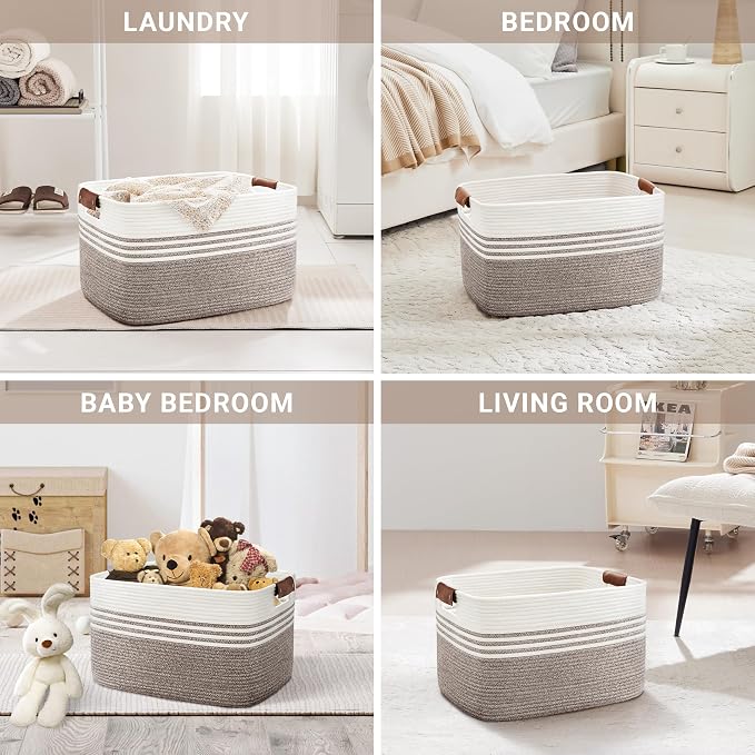 60L Woven Laundry Basket Hamper with Leather Handles,Dark Brown | 21"x15"x11", collapsible wicker hamper, storage for dirty clothes, toys, blankets, gifts, living room, bedroom, bathroom