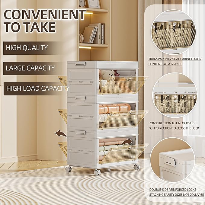 132 QT / 33 Gal Multi-Purpose Foldable Storage Cabinet - Transparent Dual Doors with 3-Stage Locking System, Heavy Duty Wheels, Simple Pull-to-Open Mechanism for Home/Office/Garage Organization