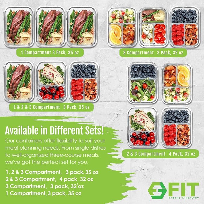 Glass Meal Prep Containers 3 Compartment, 3 Pack 32 oz Leakproof Lids Blue | Glass Bento Box for Portion Control, Airtight Snap-Lock, BPA-Free, Microwave Oven Freezer Dishwasher Safe Lunch Containers