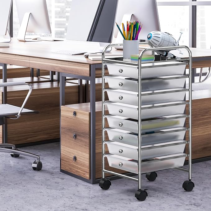 Simple Houseware 8 Drawers Rolling Utility Cart Art Craft Storage, Chrome | 1-Column, 30.25" Height, Lockable Wheels, for School, Office, Art Craft, and Paper Storage