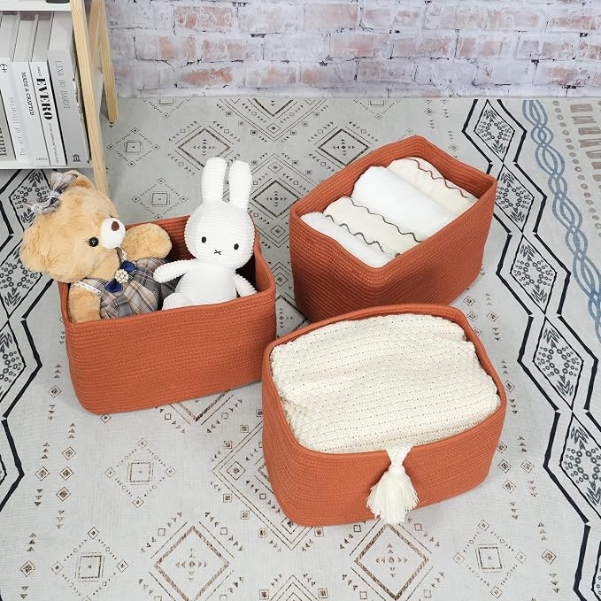Cotton Rope storage Basket Bins Woven Basket for Organizing Shelves 15X10X9.3" Rectangle Decorative Baskets For storage Clothes Toys Books Towels Nursery basket organizer 3 pack Rust