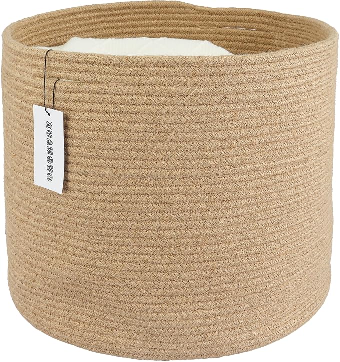 XUANGUO Jute Rope Woven Basket, 16x14 in Kids Laundry Basket | Round blanket basket and small laundry basket; baby hamper or nursery storage bin for girls, boys, toys, clothes and shoes