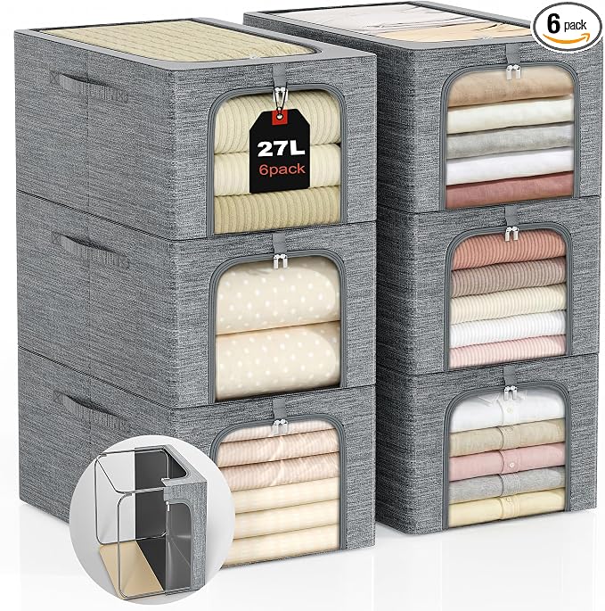 GoMaihe Baby Clothes Storage Bins with Metal Frame, 6-Pack Small Closet Storage Bin with Lid & Clear Window, Nursery Organizer for Baby Clothing, Toddler Kids Storage Boxes, Cationic Fabric 27L