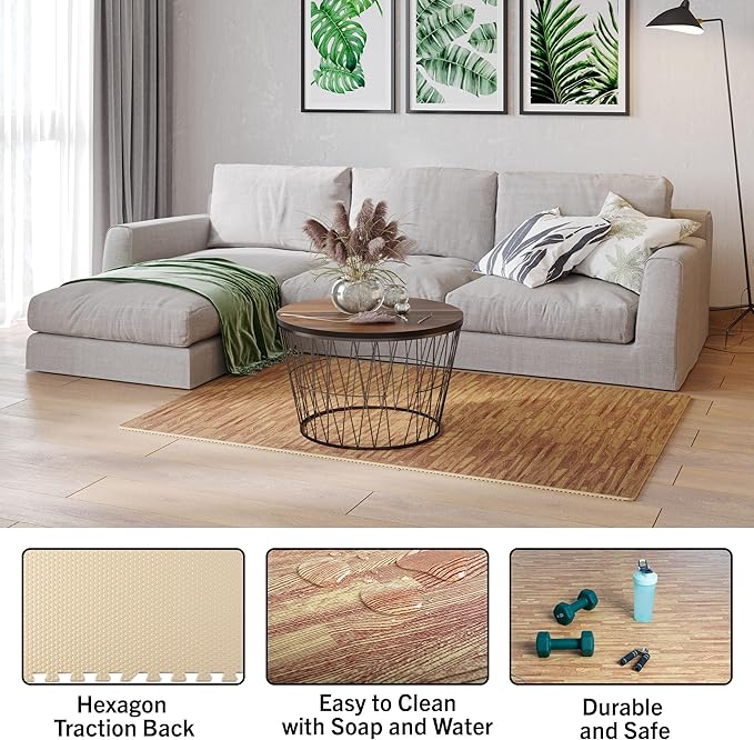 EVA Foam Floor Tiles 12-Pack - 48 SQFT Woodgrain Puzzle Mats for Floor - Interlocking Foam Tiles for Family Room or Gym Flooring by Stalwart (Light)