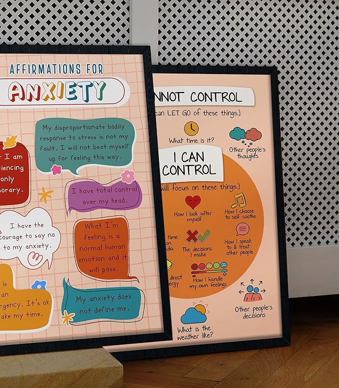 LOLUIS Mental Health Poster, Boho Therapy Tools Educational Supplies Art Print Classroom School Office Decor (Affirmations for Anxiety, Custom Frame Type)