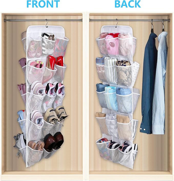 MISSLO 30 Large Pockets Dual Sided Hanging Baby Shoe Organizer for Closet with Rotating Hanger Hanging Shoe Shelves, White