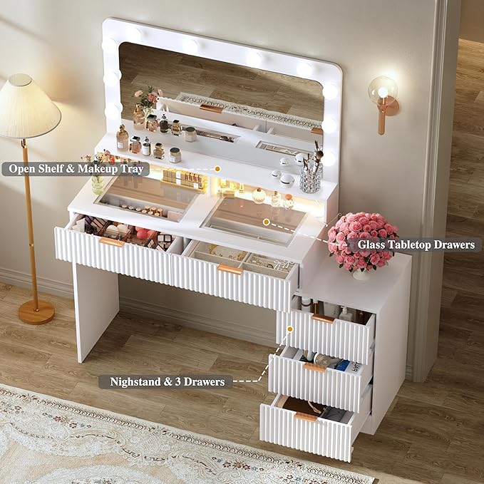 HUAHUU Fluted Vanity Desk with Mirror and Lights, Makeup Vanity Desk with Glass Top, Nightstand & Fluted Panel Design, 5 Drawers, 3 Colors Lighting Adjustable Brightness, Power Outlet, White