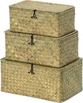 Nonam Storage Basket with Lid, Natural Seagrass Bin with Lid Set of 3, Shelf Baskets Multipurpose Container for Boho Decoration, Rectangular Storage Boxes for Home Organization- Dark Moss Green