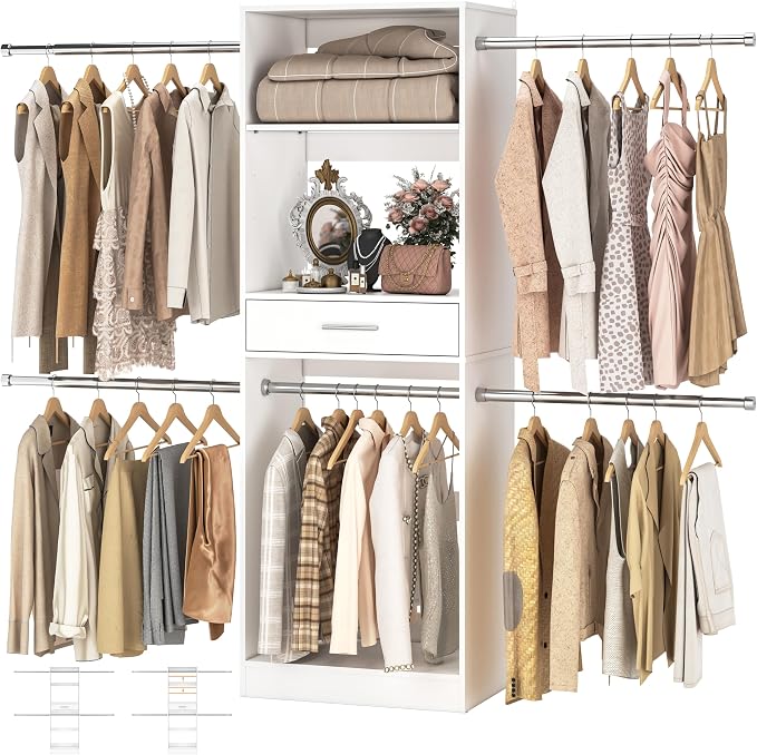 Unikito 8FT Closet System, 96 Inch Walk in Closets Organizer Kit with 4 Extendable Hanging Rods and Drawer, Adjustable Wood Garment Rack, Sturdy Closet Insert, Easy Assembly, Max Load 1000 LBS, White