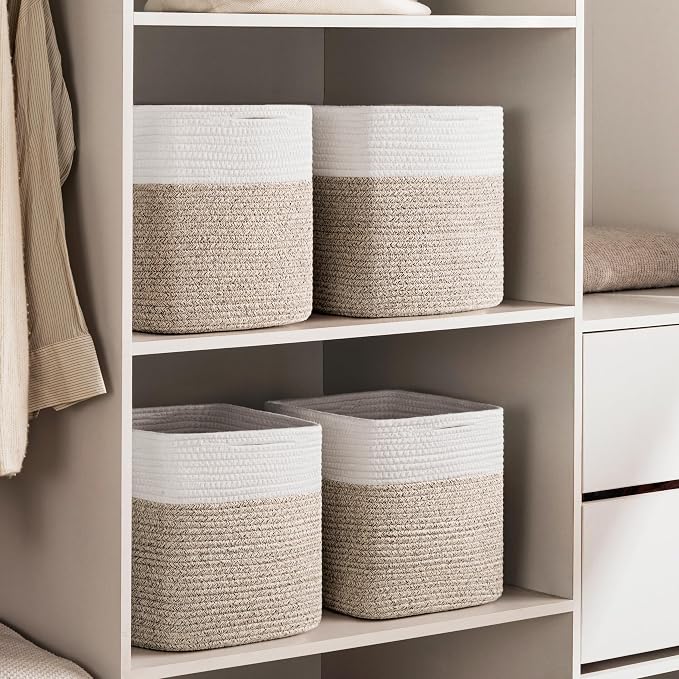 joybest 11inch Cube Storage Bins, Cotton Rope Woven Organizer Basket | Set of 4 Cube Bin Square Shelves Organizer Closet Storage, Nursery, Toy Organization, Brown&White