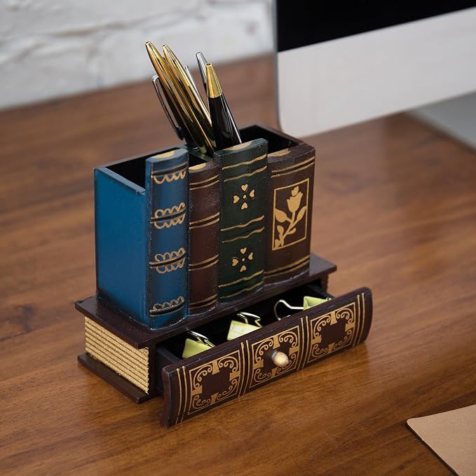 MyGift Decorative Desk Organizer Pen and Pencil Holder with Storage Drawer | Antique Library Book Design stationery storage writing tools caddy drawer compartment classroom workspace accessory supplies