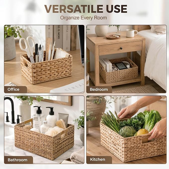 M4DECOR Set of 4 Water Hyacinth Storage Baskets for Shelves – Handwoven Wicker Baskets for Organizing, 4 Sizes (S/M/L/Jumbo)