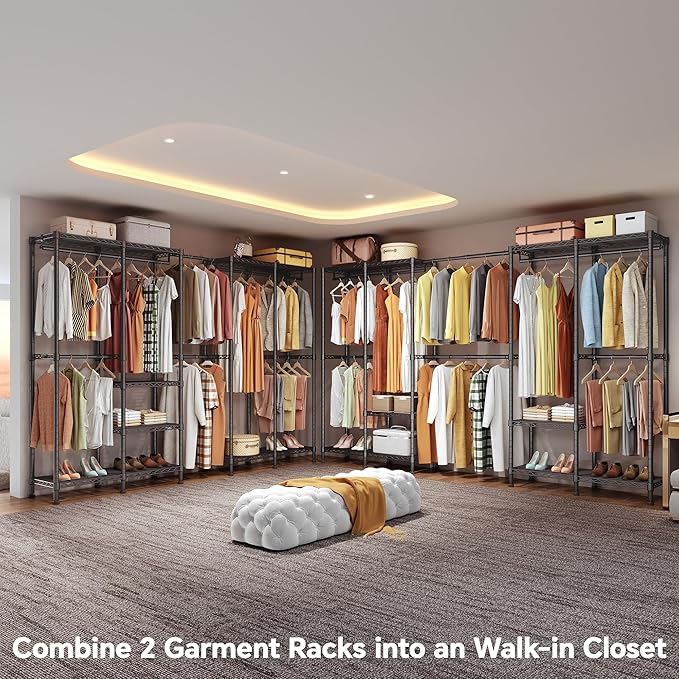 Higeego H5 Pro Heavy Duty Garment Rack, Freestanding Clothes Rack, Wardrobe Closet for Hanging Clothes, Portable Closet Organizer with Expandable Hanger Rods, (97.7-115.4")L x 15.7"W x 75.4"H, Black