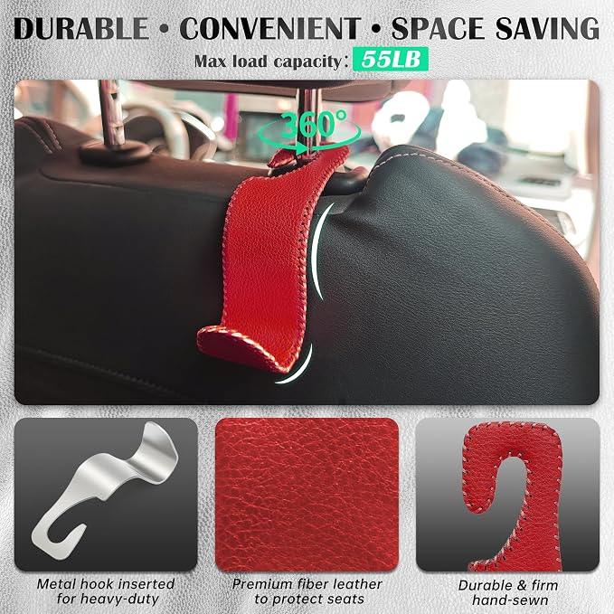 Amooca Car Seat Headrest Hook Universal Vehicle Storage Hanger Leather with Metal Car Seat Back Organizer for Handbag Purse Coat Wine 4 Pack
