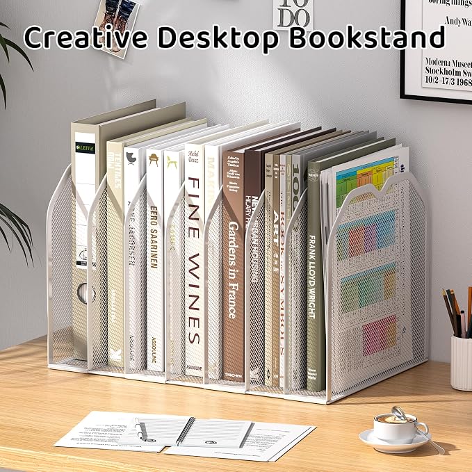 FANXIYQ White 7-Section File Folder Organizer for Desk, Metal Vertical File Holder Stand, Desktop File Organizer Rack for Letter/A4 Folders, Papers, Books, Office Classroom Home