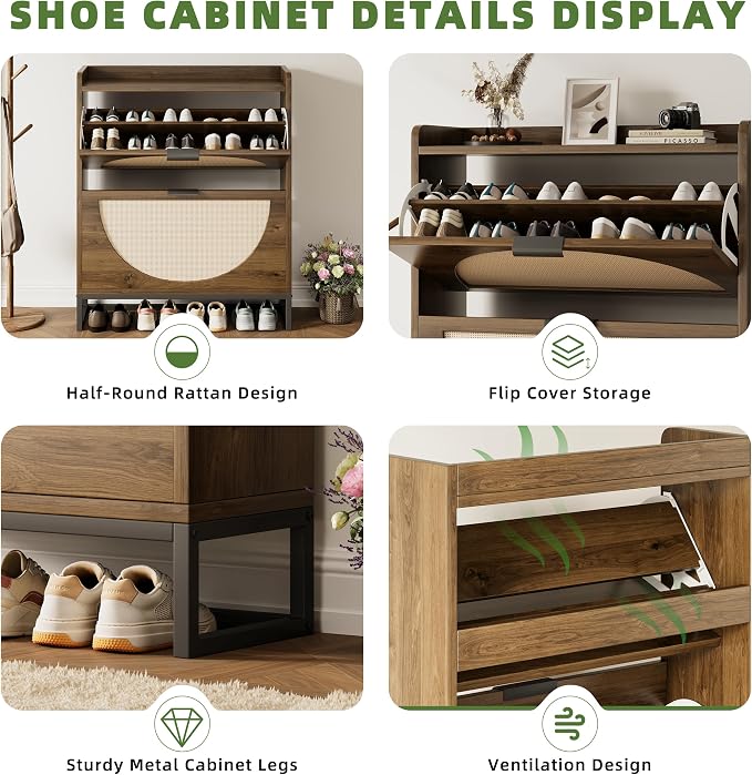 Flip Drawer Shoe Cabinet, Slim Narrow Entryway Storage Furniture with Hidden Flip-Open Organizer, Engineered Wood & Veneer Construction, Hallway Living Room Foyer, 2 Drawer, Oak