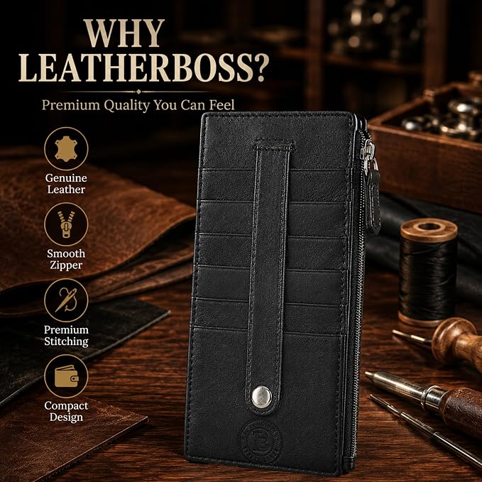 Leatherboss Genuine Leather Women's All in One Credit Business Card Case Holder Slim Zipper Wallet With a Card Protection Strap, Black