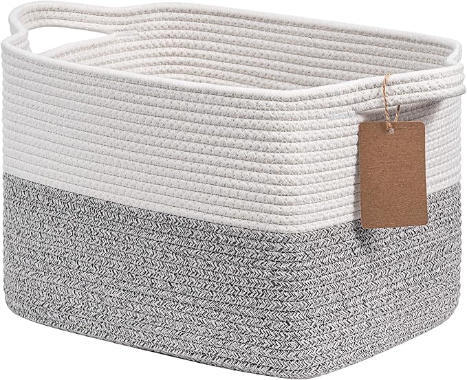 Goodpick Woven Storage Basket, Small Laundry Basket for Clothes, Towels and Shoes, Rope Square Gift Organizer with Handles, Gray and White, 13 x 10 x 9 Inches