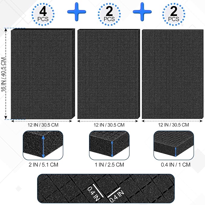 8 Pcs Pick and Pluck Foam Sheets 3 Size Polyurethane Pick Apart Foam Inserts Pads with Bottom Use for Camera Case, Tool Box, Storage Drawer (4P 16" x 12" x 2", 2P 16" x 12" x 1", 2P 16" x 12" x 0.4")