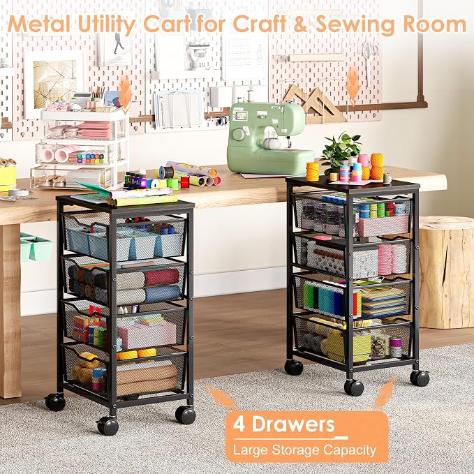 Sbanmao Utility Cart with 4 Drawers, Rolling Storage Cart, Metal Rolling Drawer Cart with Lockable Wheels and Wooden Tabletop, Craft Storage Art Cart for Living Room, Bedroom, Classroom, Office Black