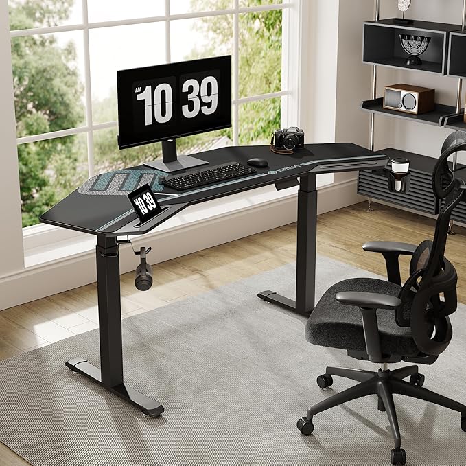 EUREKA ERGONOMIC Gaming Standing Desk w Dual Motor,72" Wing Shaped Music Studio Desk Electric Adjustable Height Table Recording Live Stream, Slot Design,Black