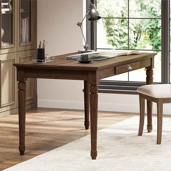 Polibi 60" Farmhouse Writing Desk with Drawer Keyboard Tray (Chestnut) | Turned Legs, Quick Assembly, Pre-Assembled Top, For Home Offices, Writing, Computer Workstations.