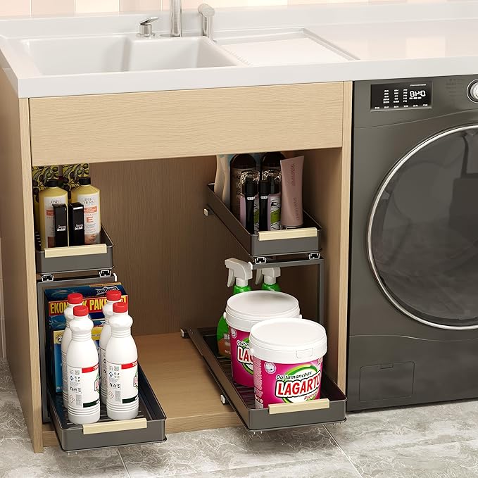 AndUp Under Sink Organizer, 2 Tiers Pull Out Bathroom Organizers and Storage, Slide Out Cabinet Organizer Shelf for Kitchen Bathroom, Multi-Purpose Collection Organizer Drawer Shelf (Gray, 1pcs)