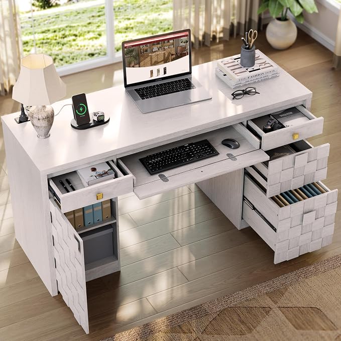 58" Executive Desk with Drawers, Home Office Desk with Charging Station & Keyboard Tray, Wood Office Desk with File Drawer & Storage Cabinet, Modern Computer Writing Desk with Adjustable Shelf, White
