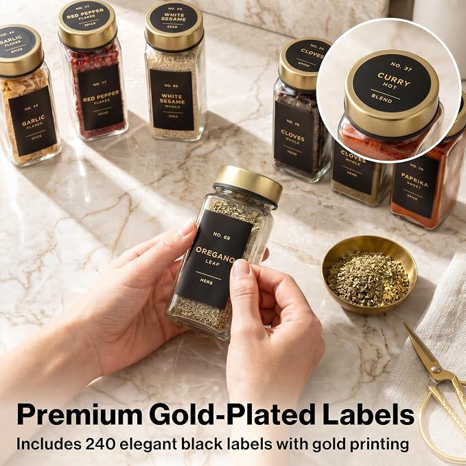 EDELHAUS Glass Spice Jars with Label, 24x Gold Stainless Steel Lids | Airtight Lids keep spices fresh, Kitchen Spice Drawer Organizer, 4oz Seasoning Containers incl. Funnel, Brush & 240 Labels