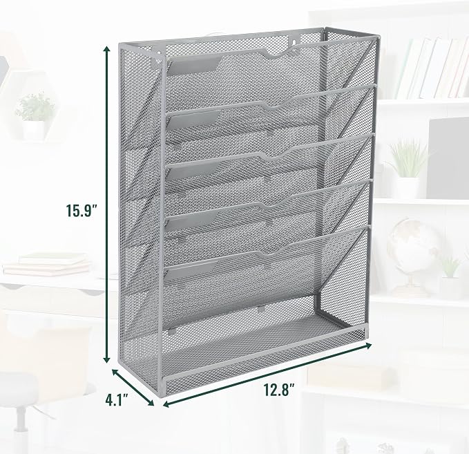 EASEPRES 6 Tier Mesh Hanging Wall File Organizer, Desk Vertical Mail Paper Document Folder Holder Rack with Bottom Tray and Nametag Label for Office Home School, Gray