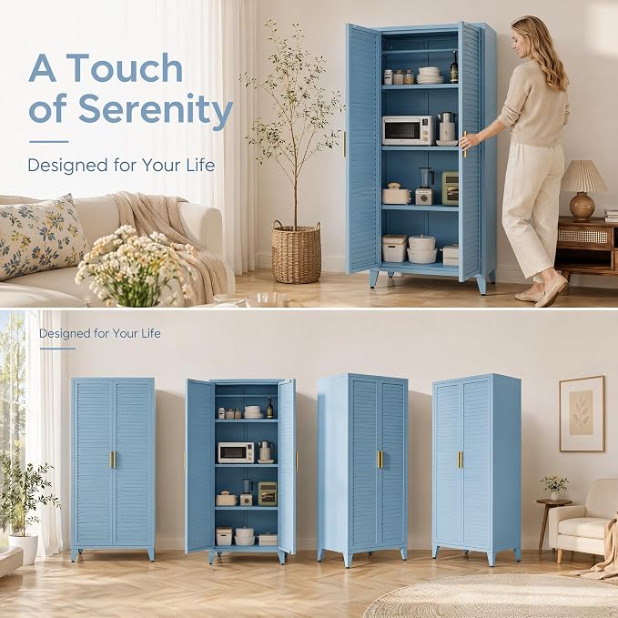 Blue Metal Storage Cabinet with Doors Pantry Cabinet with 3 Adjustable Shelves, 61" Tall Steel Kitchen Storage Locker for Kitchen Living Room Bedroom Home Bathroom