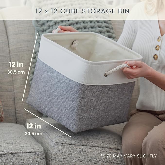 OrganiHaus 12x12 Cube Storage Bins 4 Pack, Foldable Cube Storage Organizer w/ Rope Handles, Collapsible Fabric Bins for Toys, Clothes & Closet Organization, Fabric Square Baskets - Beige/White