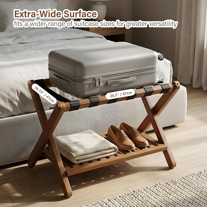 Heybly Luggage Rack for Guest Room,Bamboo Folding Luggage Stand & Suitcase Holder,Suitcase Stand, 5 heavy-duty straps,Holds up to 165 Lbs, Heavy Duty Luggage Rack for Bedroom Hotel, Walnut, HLR013WB1