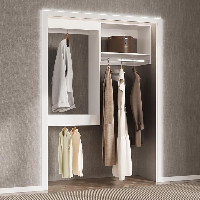 Modular Closet, 64" Wide Organizer with Hanging, Wood Tower Storage for Walk-in Closets, Wall-Mounted Wardrobe Organizer, White