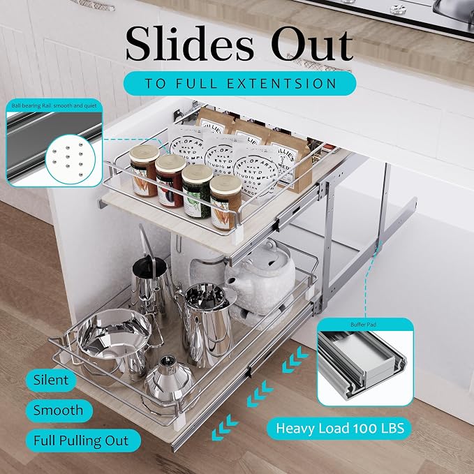 2 Tier Pull Out Cabinet Organizer 11.06" W X 22" D, Wood & Chromed | Full Slide Out Drawers For Kitchen Cabinets, Cabinets Capacity Heavy Duty Caddy, Cabinet Pullout Shelves , Pantry Storage